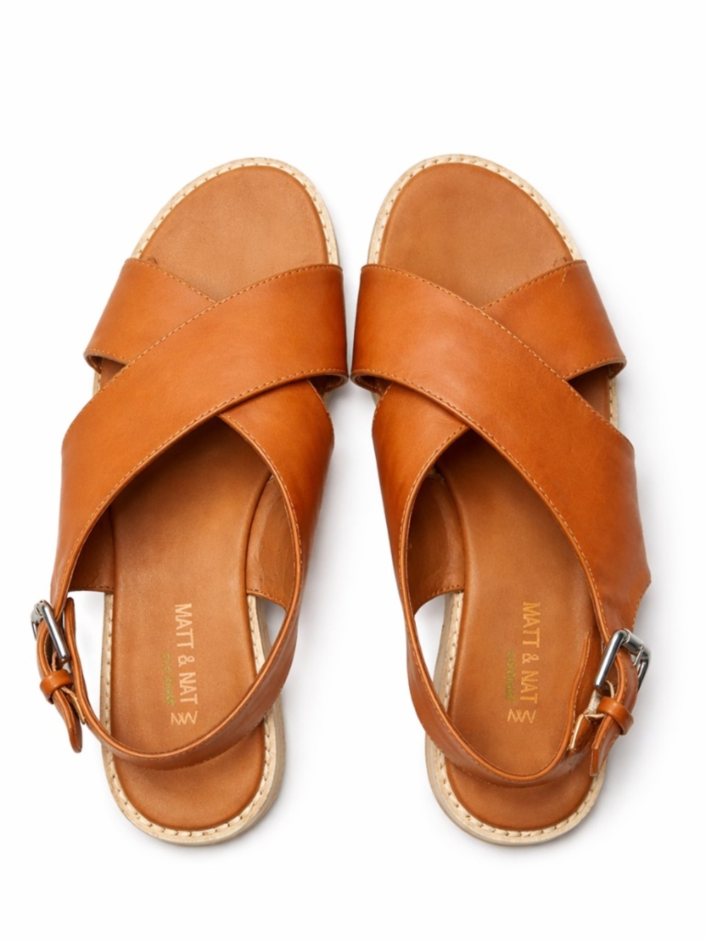 Matt & Nat Cognac Brown Cross Strap Flat Sandals – Size 38 EUC *Flaw